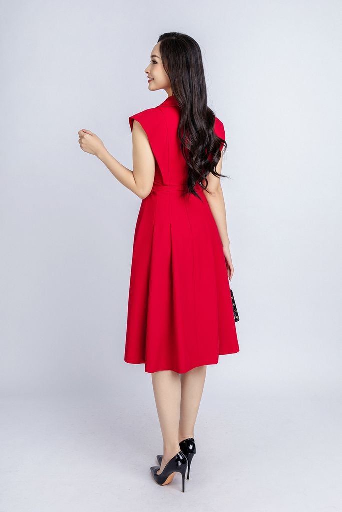 FDC34106 - Đầm công sở vải tuytsi dáng xoè có lót habutai cổ bẻ phối hoa 3D trang trí kèm thắt lưng tạo kiểu khoá thân sau - PANTIO