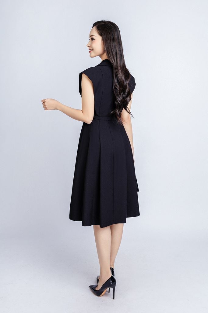 FDC34106 - Đầm công sở vải tuytsi dáng xoè có lót habutai cổ bẻ phối hoa 3D trang trí kèm thắt lưng tạo kiểu khoá thân sau - PANTIO