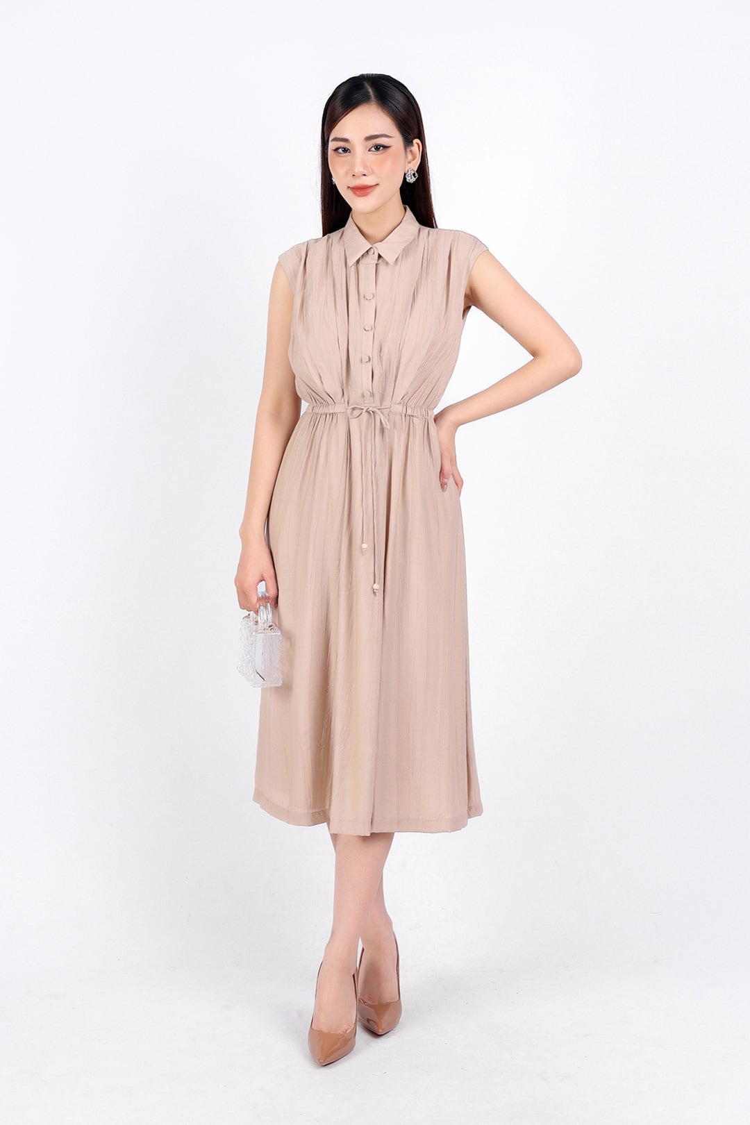 FDC34113 - Đầm công sở vải thô dáng suông hai lớp lót habutai cổ đức tay chờm eo phối dây thắt nơ cài khuy thân trước - PANTIO