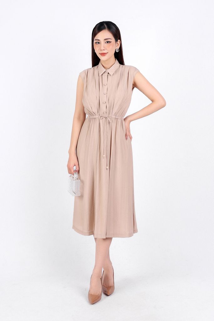 FDC34113 - Đầm công sở vải thô dáng suông hai lớp lót habutai cổ đức tay chờm eo phối dây thắt nơ cài khuy thân trước - PANTIO