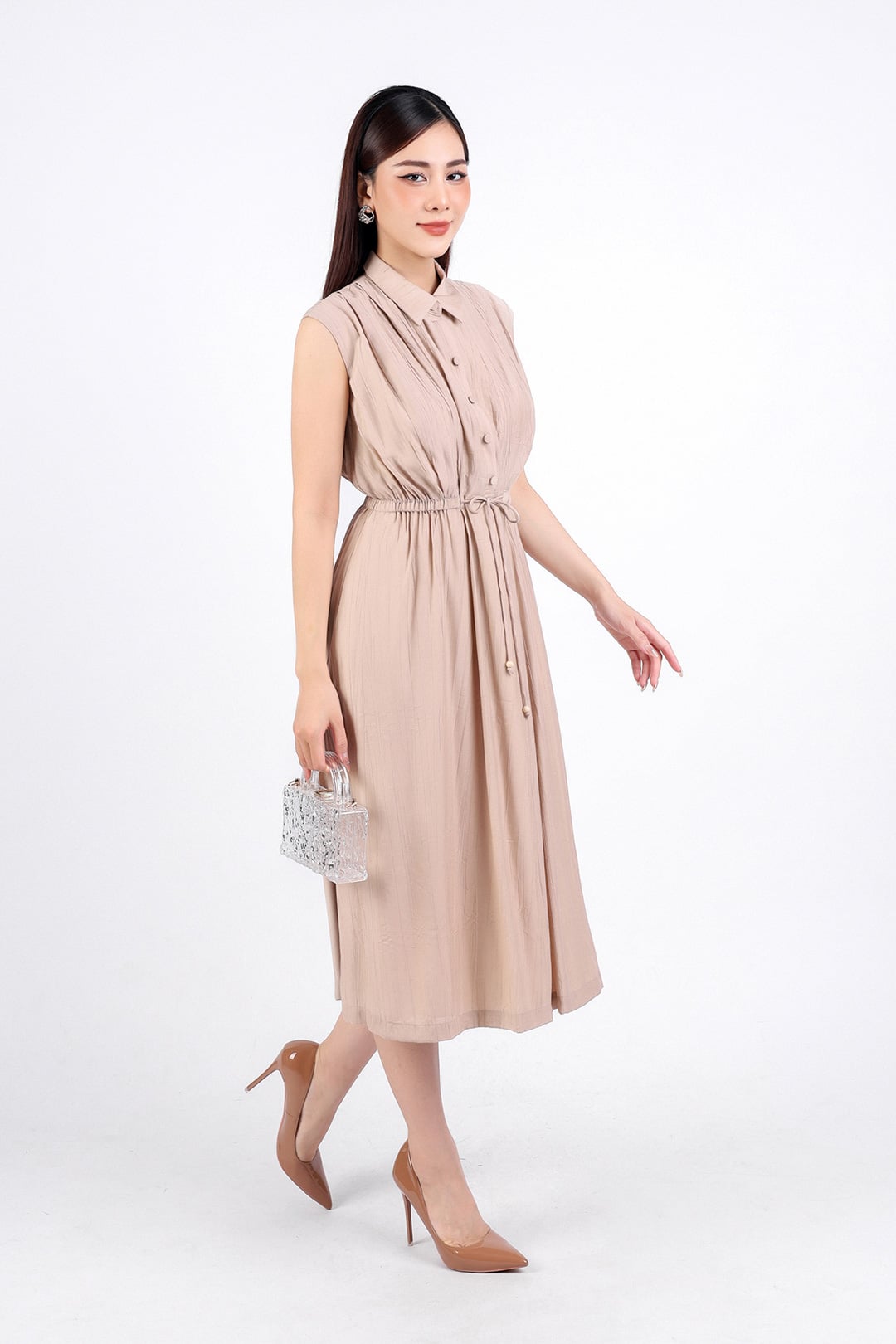 FDC34113 - Đầm công sở vải thô dáng suông hai lớp lót habutai cổ đức tay chờm eo phối dây thắt nơ cài khuy thân trước - PANTIO