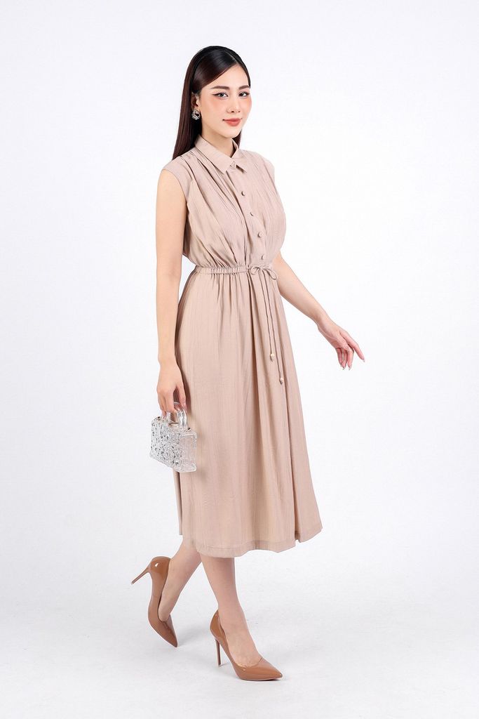 FDC34113 - Đầm công sở vải thô dáng suông hai lớp lót habutai cổ đức tay chờm eo phối dây thắt nơ cài khuy thân trước - PANTIO