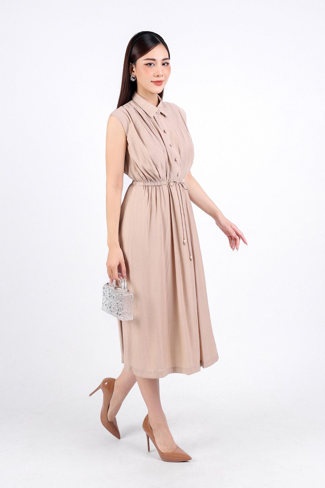 FDC34113 - Đầm công sở vải thô dáng suông hai lớp lót habutai cổ đức tay chờm eo phối dây thắt nơ cài khuy thân trước - PANTIO