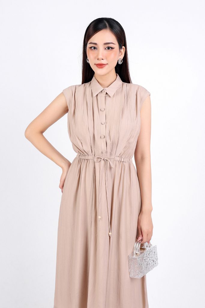 FDC34113 - Đầm công sở vải thô dáng suông hai lớp lót habutai cổ đức tay chờm eo phối dây thắt nơ cài khuy thân trước - PANTIO