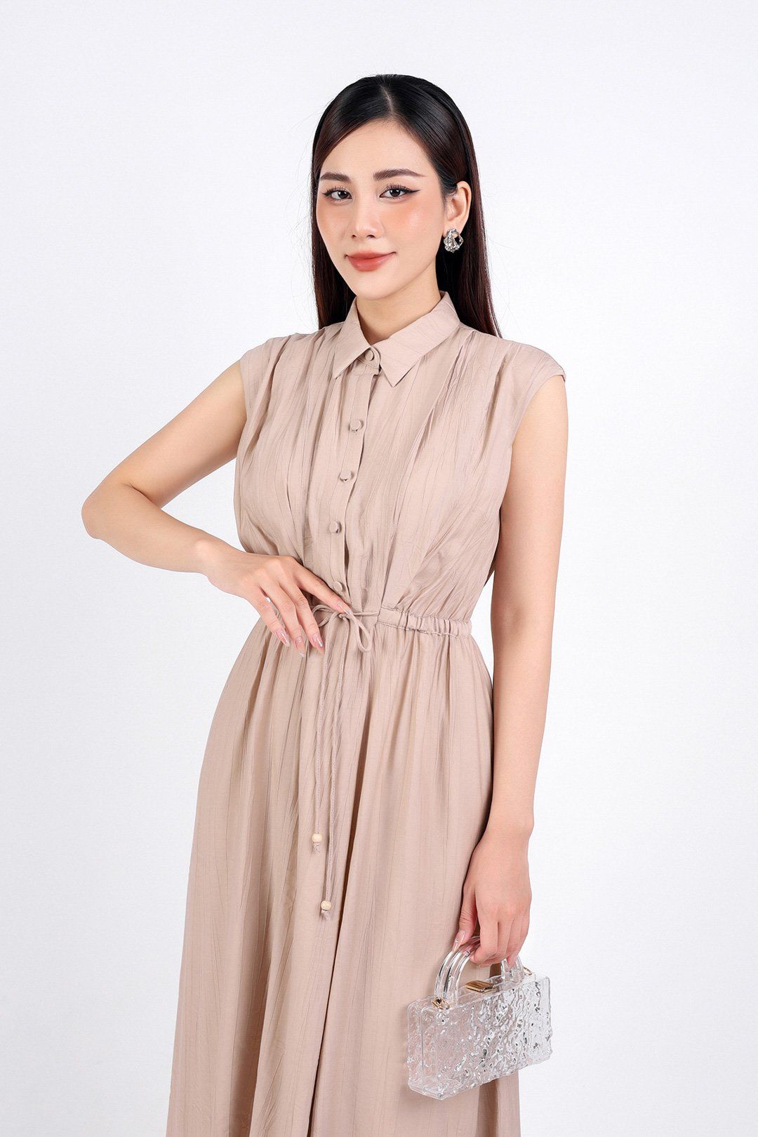 FDC34113 - Đầm công sở vải thô dáng suông hai lớp lót habutai cổ đức tay chờm eo phối dây thắt nơ cài khuy thân trước - PANTIO