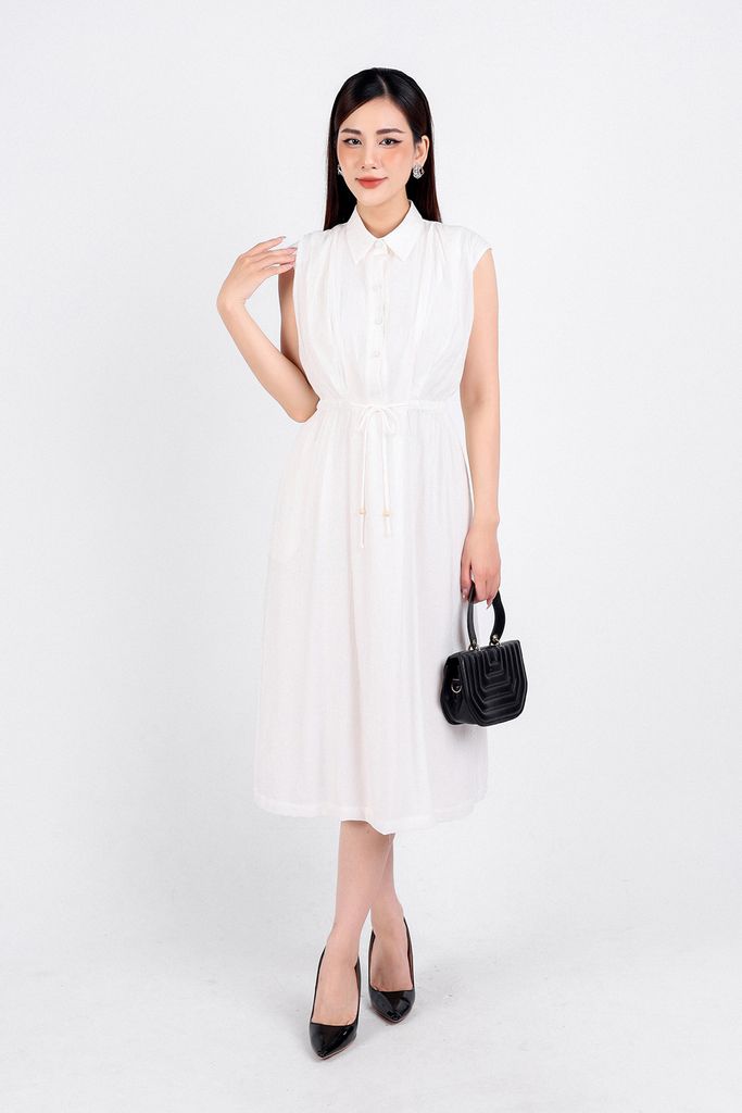 FDC34113 - Đầm công sở vải thô dáng suông hai lớp lót habutai cổ đức tay chờm eo phối dây thắt nơ cài khuy thân trước - PANTIO