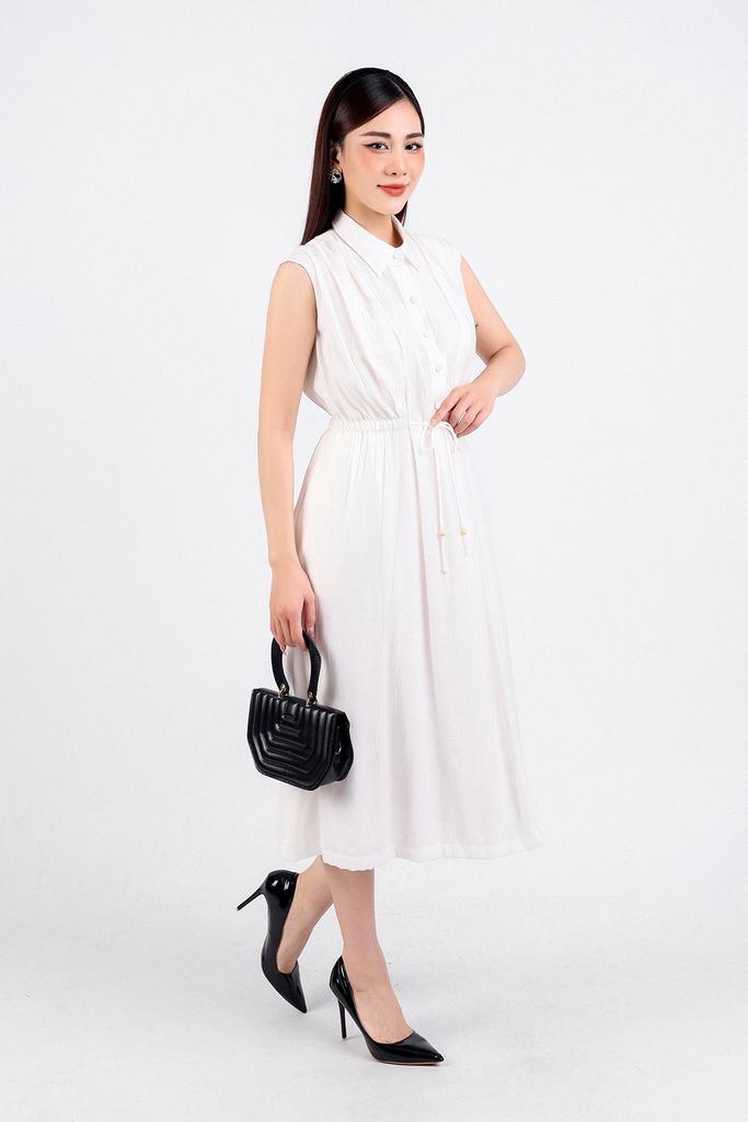 FDC34113 - Đầm công sở vải thô dáng suông hai lớp lót habutai cổ đức tay chờm eo phối dây thắt nơ cài khuy thân trước - PANTIO