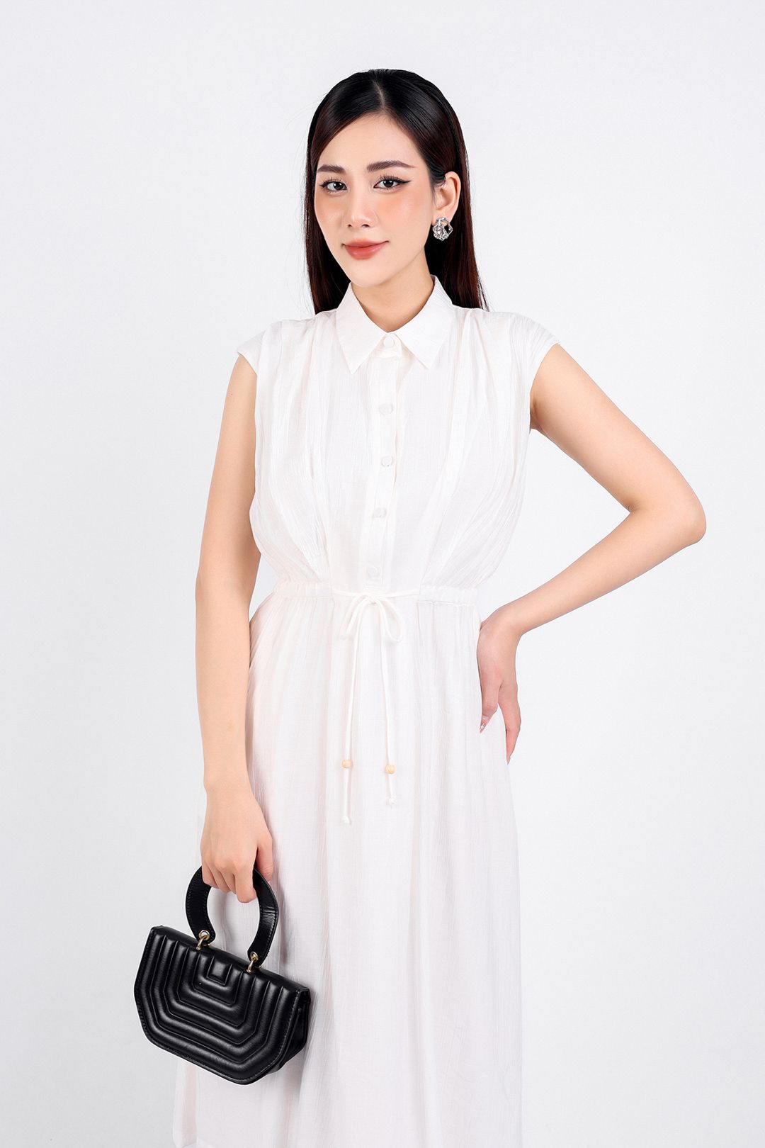 FDC34113 - Đầm công sở vải thô dáng suông hai lớp lót habutai cổ đức tay chờm eo phối dây thắt nơ cài khuy thân trước - PANTIO