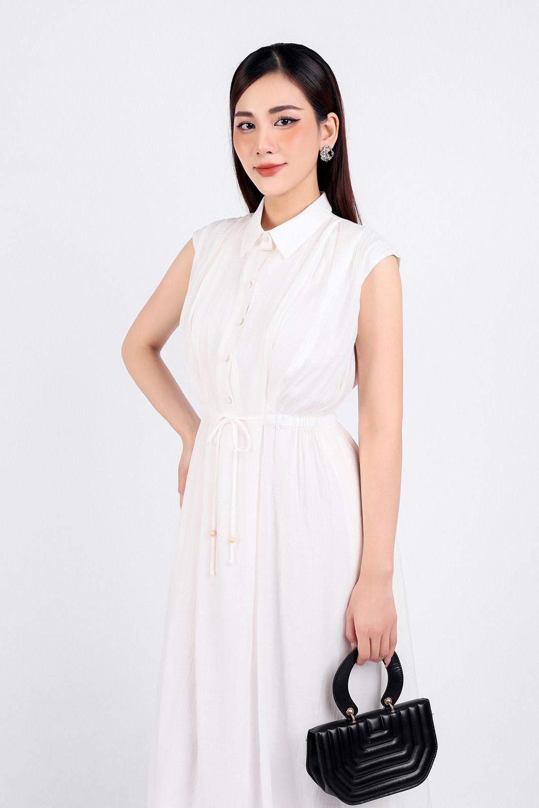 FDC34113 - Đầm công sở vải thô dáng suông hai lớp lót habutai cổ đức tay chờm eo phối dây thắt nơ cài khuy thân trước - PANTIO