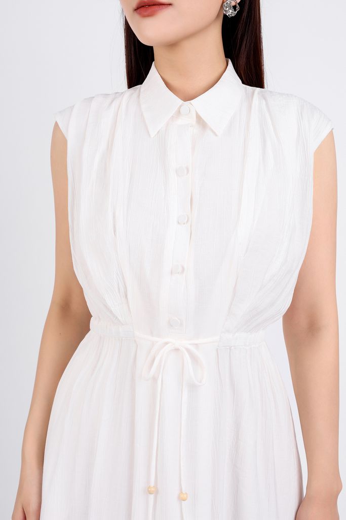 FDC34113 - Đầm công sở vải thô dáng suông hai lớp lót habutai cổ đức tay chờm eo phối dây thắt nơ cài khuy thân trước - PANTIO