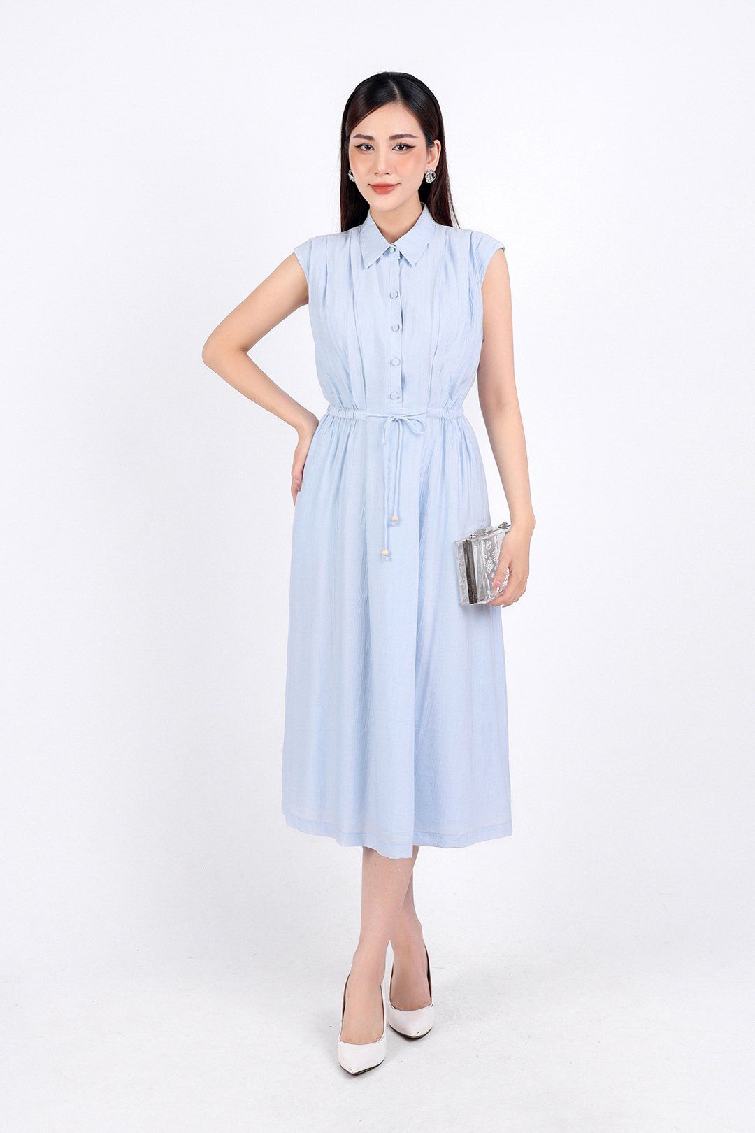 FDC34113 - Đầm công sở vải thô dáng suông hai lớp lót habutai cổ đức tay chờm eo phối dây thắt nơ cài khuy thân trước - PANTIO