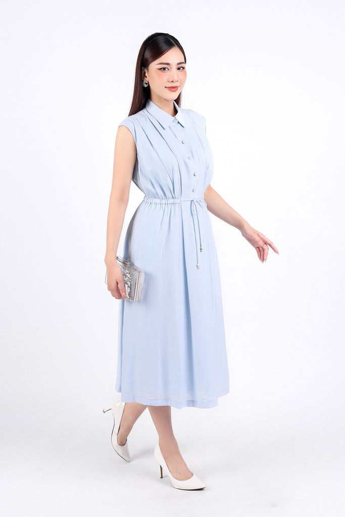 FDC34113 - Đầm công sở vải thô dáng suông hai lớp lót habutai cổ đức tay chờm eo phối dây thắt nơ cài khuy thân trước - PANTIO