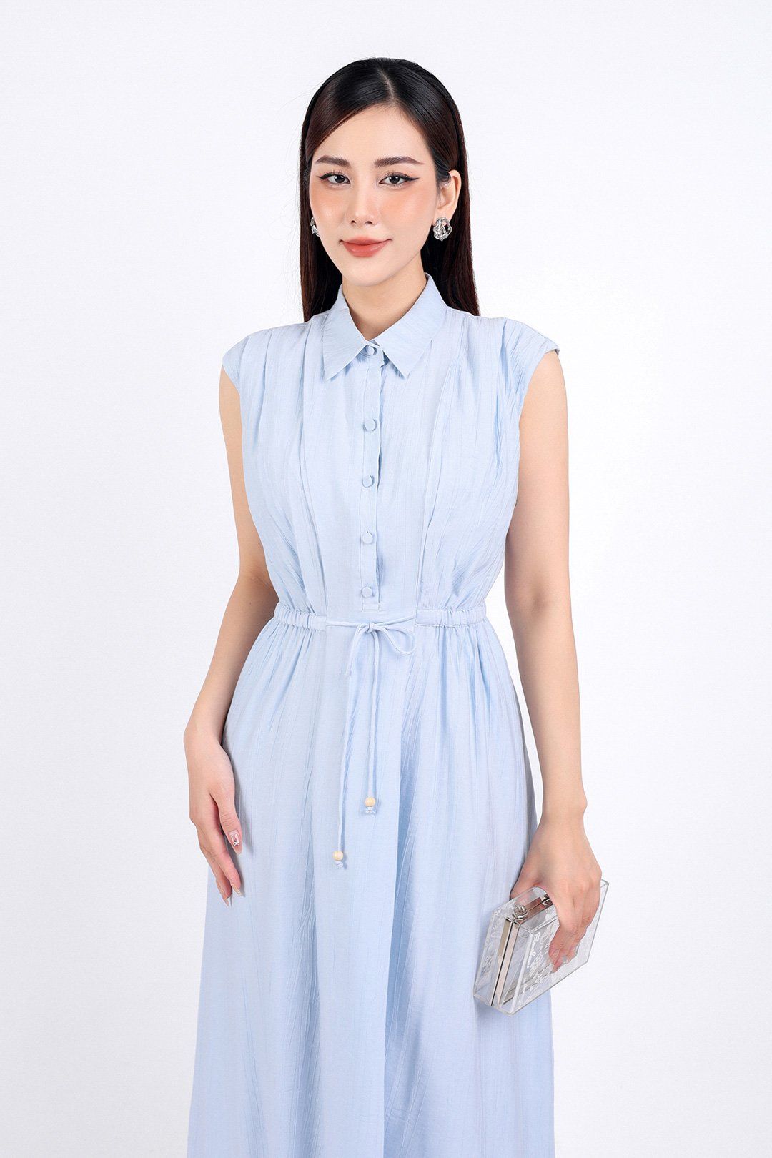 FDC34113 - Đầm công sở vải thô dáng suông hai lớp lót habutai cổ đức tay chờm eo phối dây thắt nơ cài khuy thân trước - PANTIO