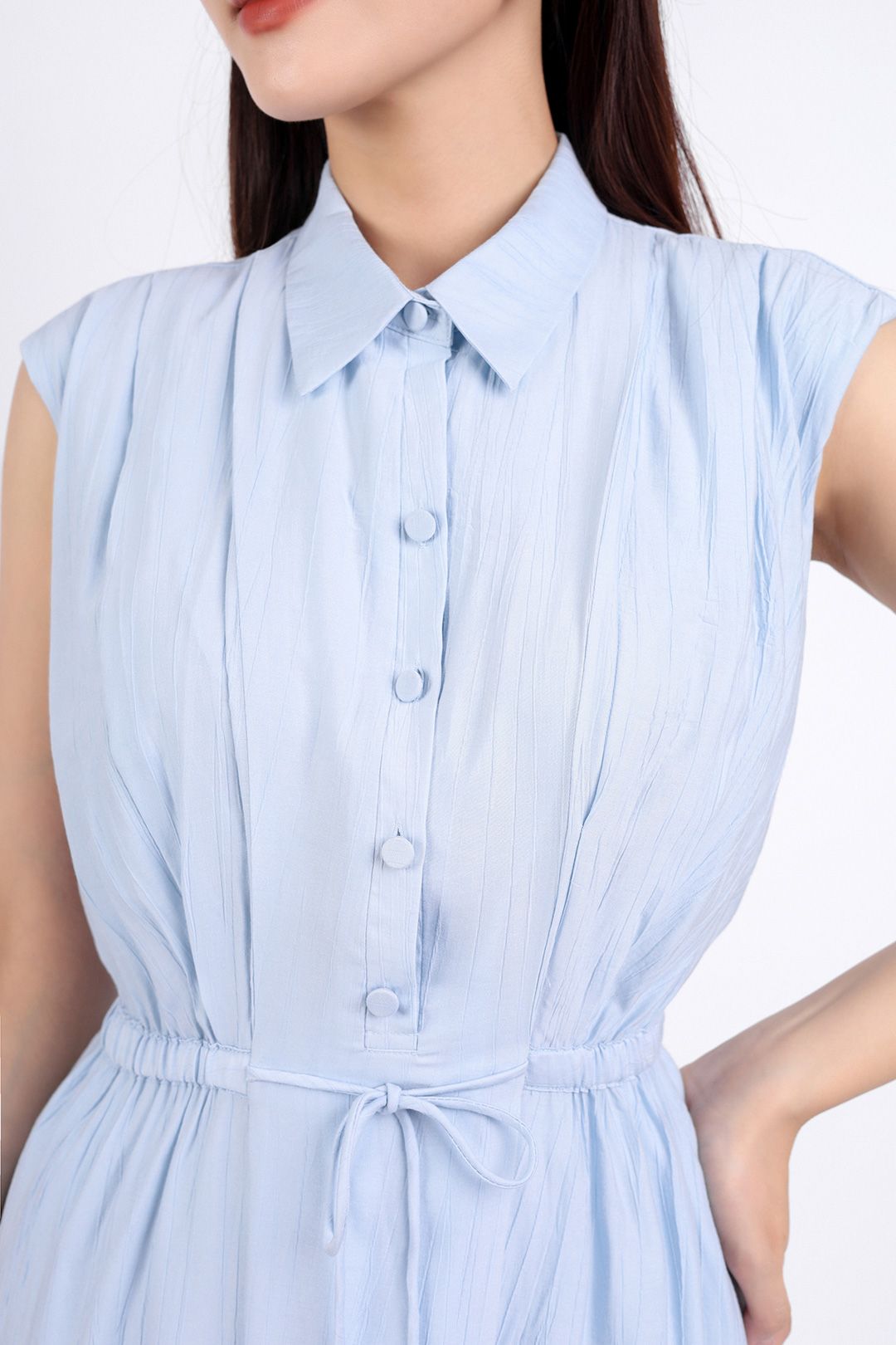 FDC34113 - Đầm công sở vải thô dáng suông hai lớp lót habutai cổ đức tay chờm eo phối dây thắt nơ cài khuy thân trước - PANTIO