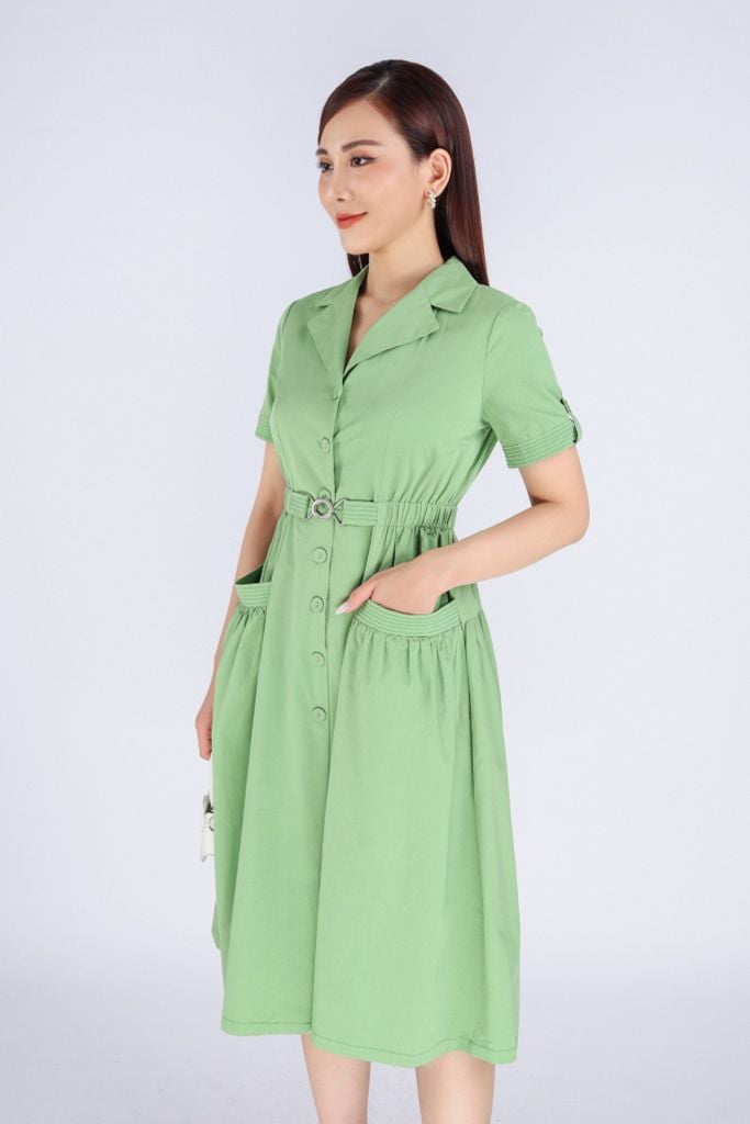 FDC34118 - Đầm công sở vải kaki dáng A cổ vest phối khuy cài eo bo chun phối mặt thắt lưng túi hai bên hông trang trí - PANTIO