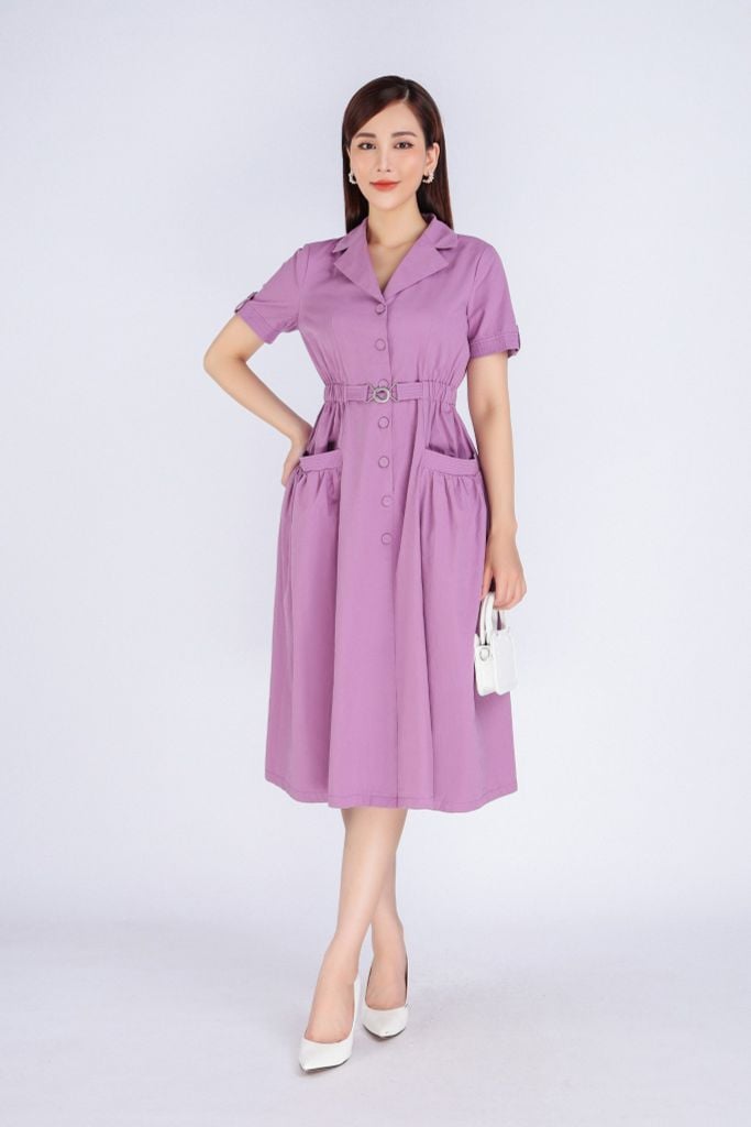 FDC34118 - Đầm công sở vải kaki dáng A cổ vest phối khuy cài eo bo chun phối mặt thắt lưng túi hai bên hông trang trí - PANTIO