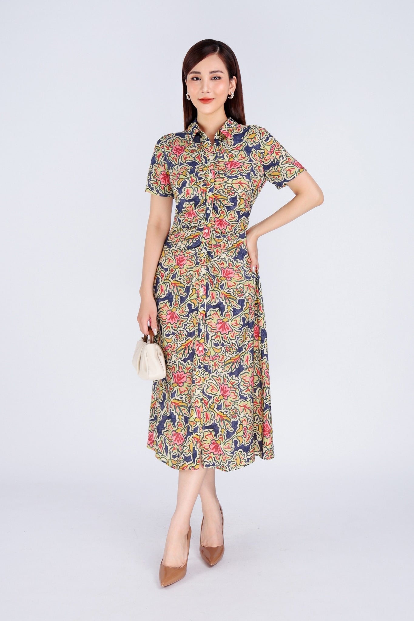 FDC34119 - Đầm công sở dáng A cổ đức phối nẹp khuy nhún thân tạo kiểu khoá thân sau - PANTIO