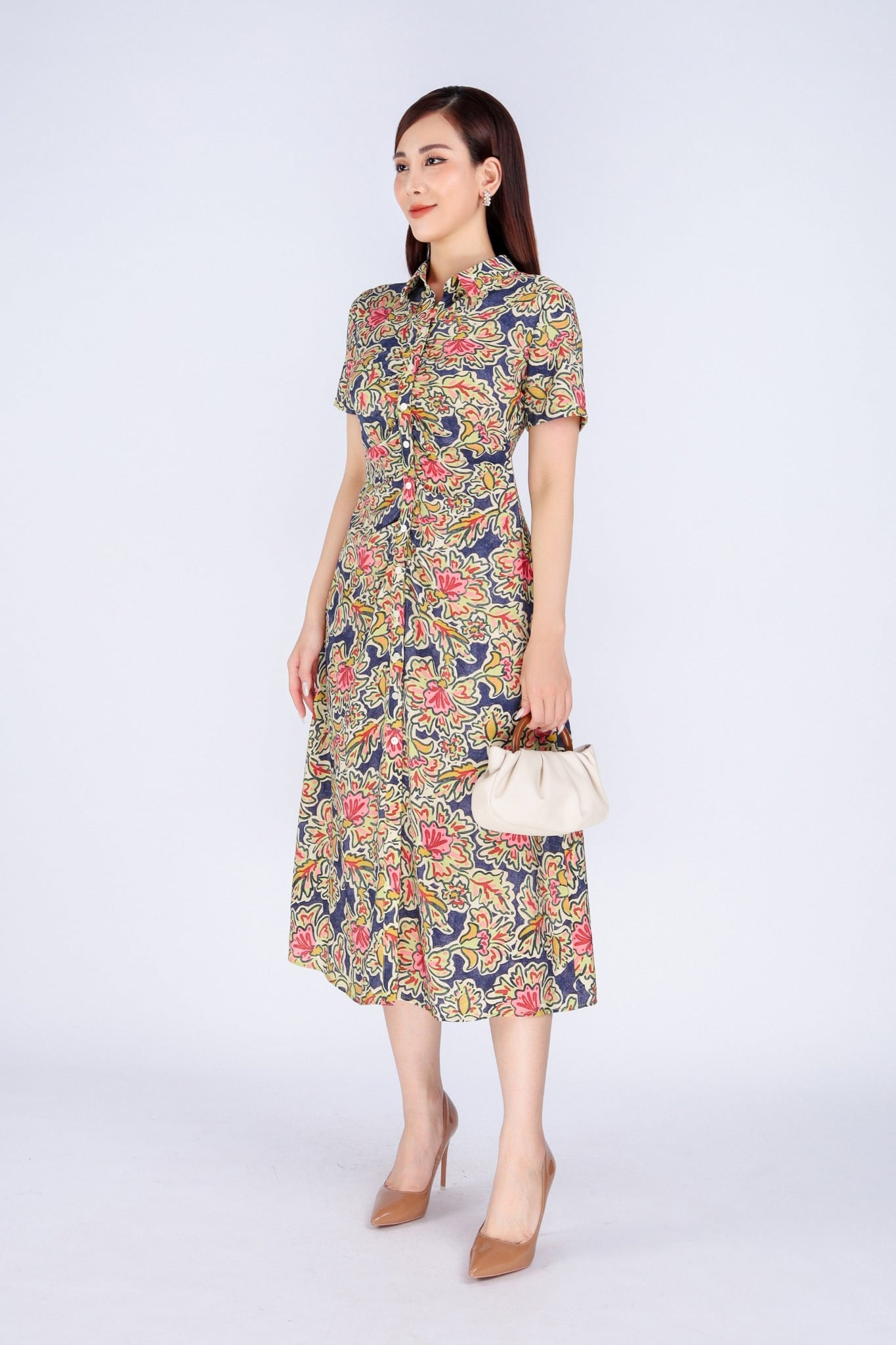 FDC34119 - Đầm công sở dáng A cổ đức phối nẹp khuy nhún thân tạo kiểu khoá thân sau - PANTIO