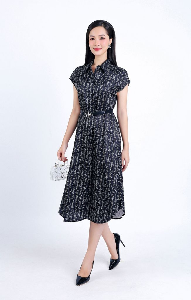 FDC34120 - Đầm công sở vải thô lụa dáng suông cổ đức vai chờm kèm dây đai lưng co giãn - PANTIO