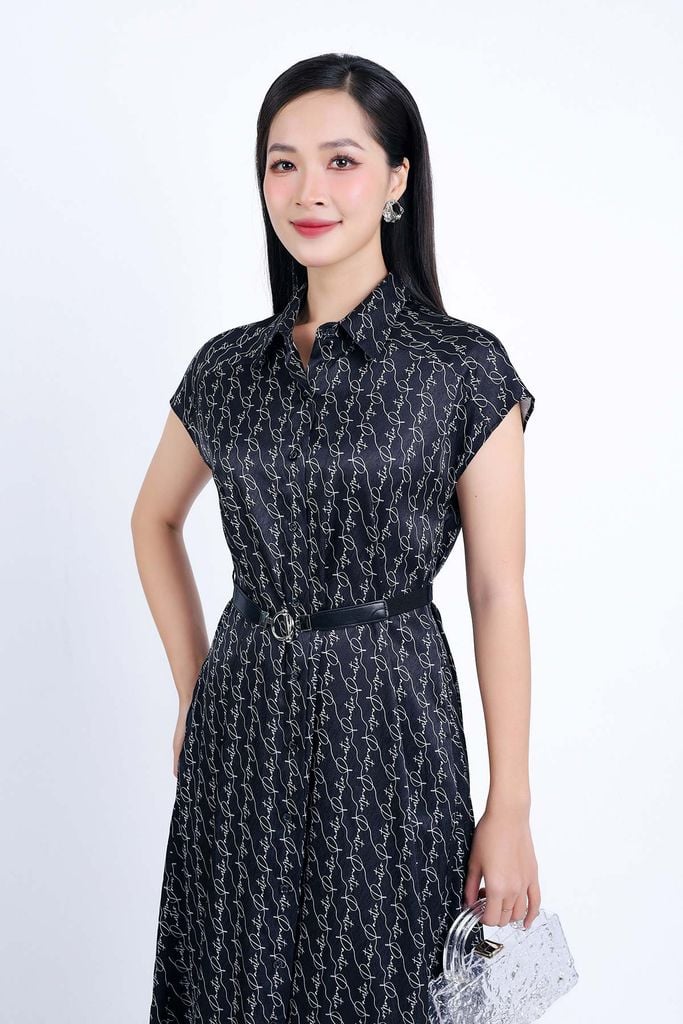 FDC34120 - Đầm công sở vải thô lụa dáng suông cổ đức vai chờm kèm dây đai lưng co giãn - PANTIO