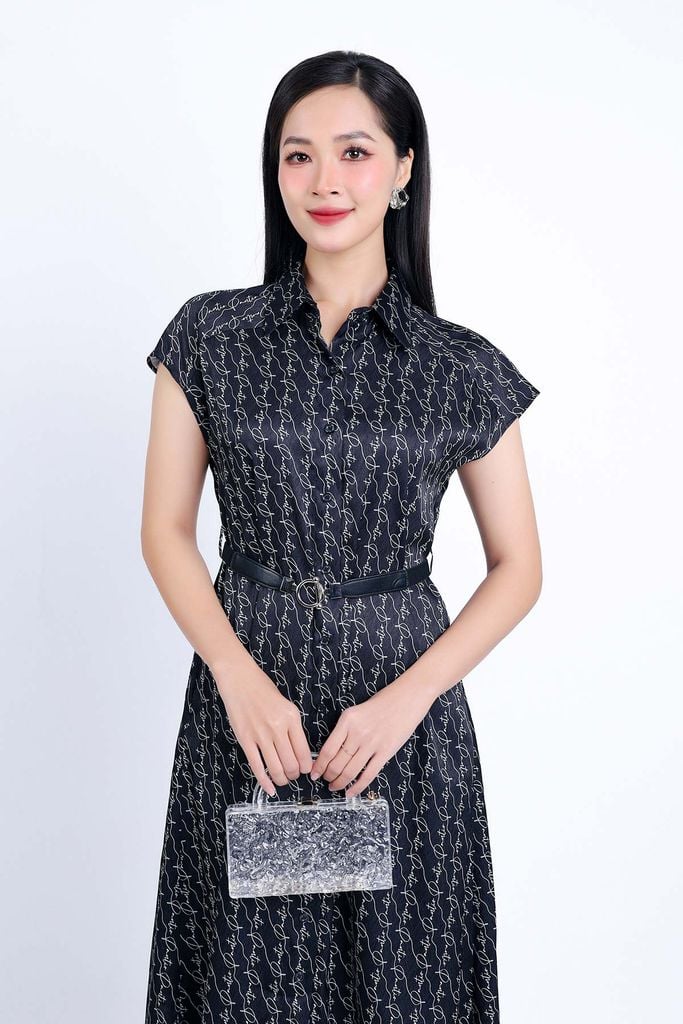 FDC34120 - Đầm công sở vải thô lụa dáng suông cổ đức vai chờm kèm dây đai lưng co giãn - PANTIO