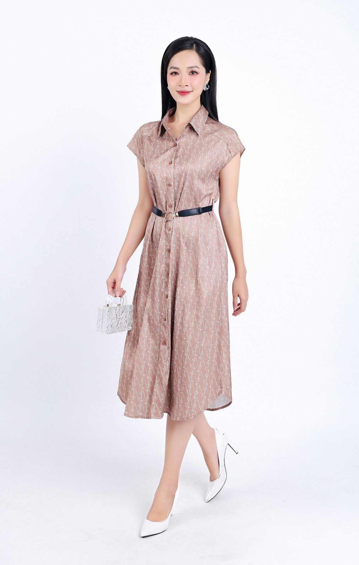 FDC34120 - Đầm công sở vải thô lụa dáng suông cổ đức vai chờm kèm dây đai lưng co giãn - PANTIO