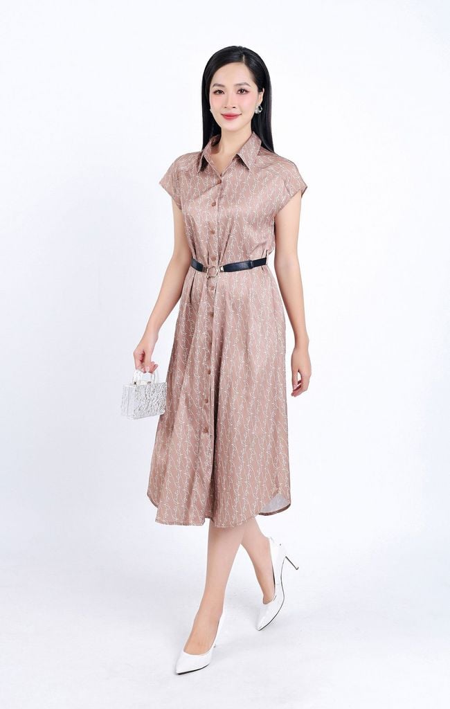 FDC34120 - Đầm công sở vải thô lụa dáng suông cổ đức vai chờm kèm dây đai lưng co giãn - PANTIO