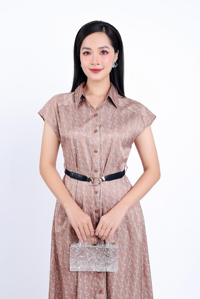 FDC34120 - Đầm công sở vải thô lụa dáng suông cổ đức vai chờm kèm dây đai lưng co giãn - PANTIO