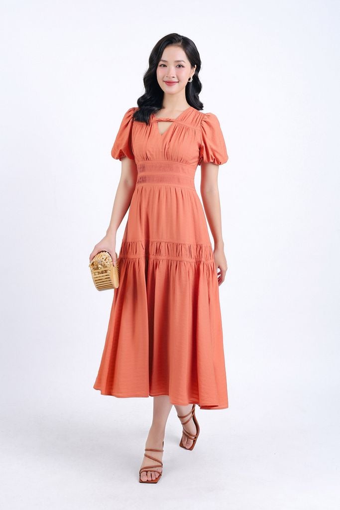 FDC34121 - Đầm công sở vải tơ hai lớp lót habutai dáng xoè nhẹ cổ chữ V đính nơ trang trí tay bồng thân váy nhún tạo kiểu khoá thân sau - PANTIO
