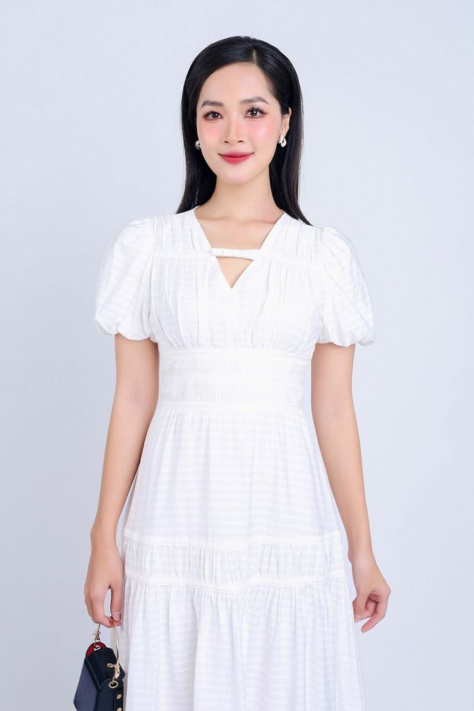 FDC34121 - Đầm công sở vải tơ hai lớp lót habutai dáng xoè nhẹ cổ chữ V đính nơ trang trí tay bồng thân váy nhún tạo kiểu khoá thân sau - PANTIO