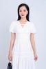 FDC34121 - Đầm công sở vải tơ hai lớp lót habutai dáng xoè nhẹ cổ chữ V đính nơ trang trí tay bồng thân váy nhún tạo kiểu khoá thân sau - PANTIO
