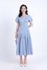 FDC34121 - Đầm công sở vải tơ hai lớp lót habutai dáng xoè nhẹ cổ chữ V đính nơ trang trí tay bồng thân váy nhún tạo kiểu khoá thân sau - PANTIO