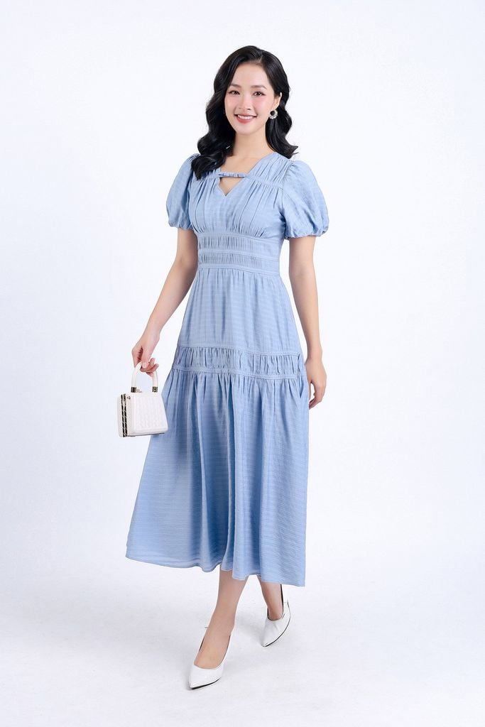 FDC34121 - Đầm công sở vải tơ hai lớp lót habutai dáng xoè nhẹ cổ chữ V đính nơ trang trí tay bồng thân váy nhún tạo kiểu khoá thân sau - PANTIO