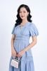 FDC34121 - Đầm công sở vải tơ hai lớp lót habutai dáng xoè nhẹ cổ chữ V đính nơ trang trí tay bồng thân váy nhún tạo kiểu khoá thân sau - PANTIO