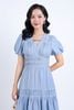 FDC34121 - Đầm công sở vải tơ hai lớp lót habutai dáng xoè nhẹ cổ chữ V đính nơ trang trí tay bồng thân váy nhún tạo kiểu khoá thân sau - PANTIO