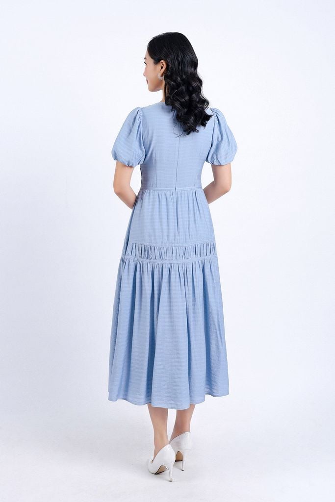 FDC34121 - Đầm công sở vải tơ hai lớp lót habutai dáng xoè nhẹ cổ chữ V đính nơ trang trí tay bồng thân váy nhún tạo kiểu khoá thân sau - PANTIO