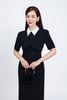 FDC34126 - Đầm công sở vải thô dáng suông cổ đức đính đá trang trí tay lửng ngực váy đính vạt bèo tạo kiểu - PANTIO