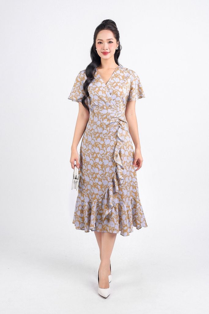 FDC34137 - Đầm công sở vải phi cát dáng xoè hai lớp lót habutai cổ chữ V tay xoè eo váy đính vạt tạo kiểu khoá thân sau - PANTIO