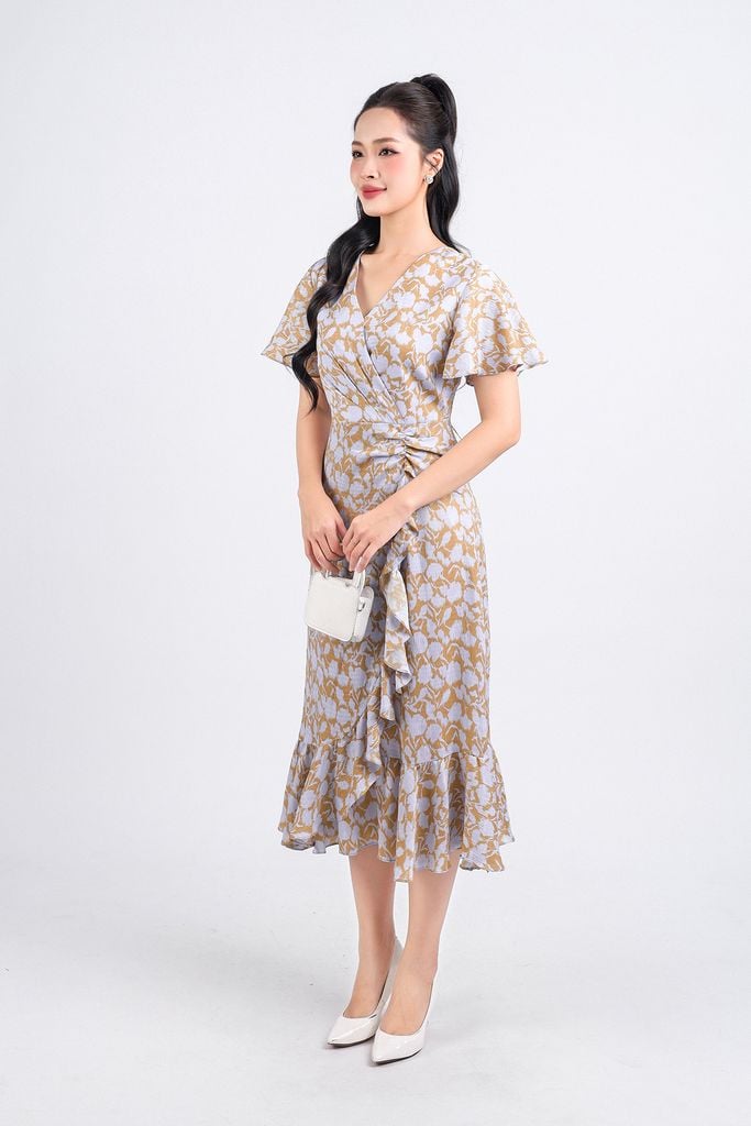 FDC34137 - Đầm công sở vải phi cát dáng xoè hai lớp lót habutai cổ chữ V tay xoè eo váy đính vạt tạo kiểu khoá thân sau - PANTIO