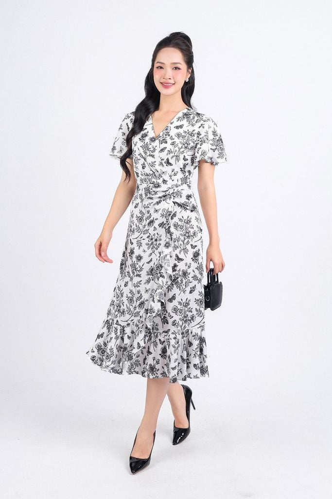 FDC34137 - Đầm công sở vải phi cát dáng xoè hai lớp lót habutai cổ chữ V tay xoè eo váy đính vạt tạo kiểu khoá thân sau - PANTIO