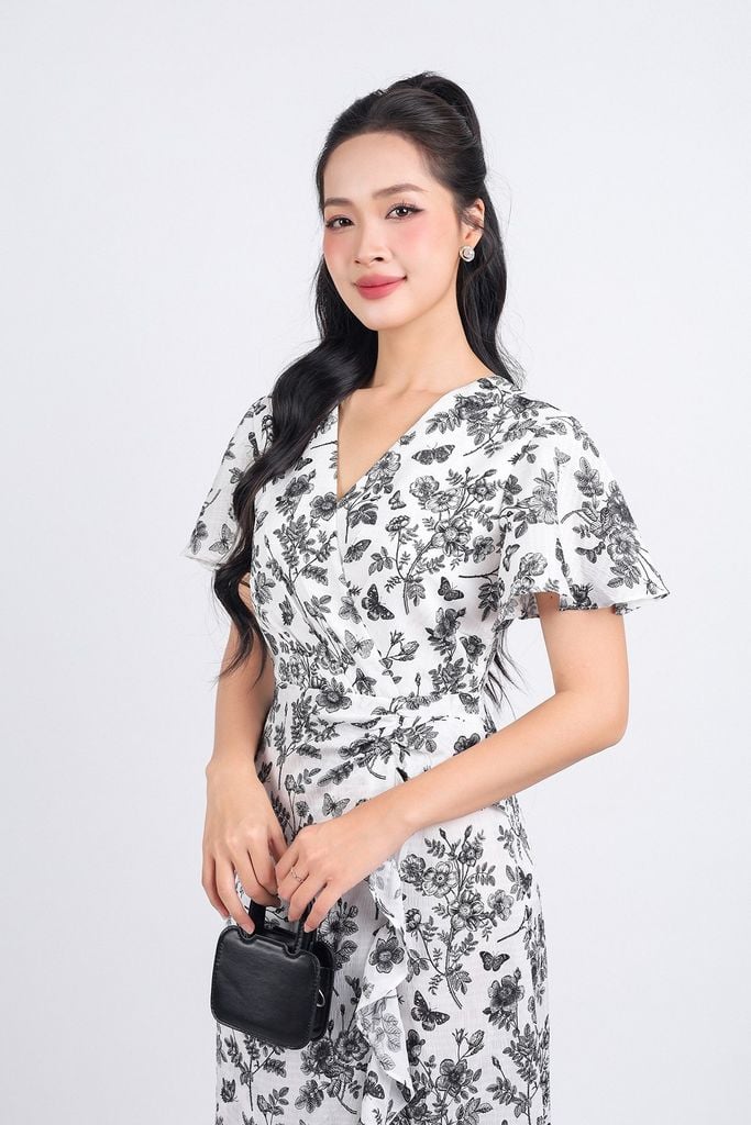 FDC34137 - Đầm công sở vải phi cát dáng xoè hai lớp lót habutai cổ chữ V tay xoè eo váy đính vạt tạo kiểu khoá thân sau - PANTIO