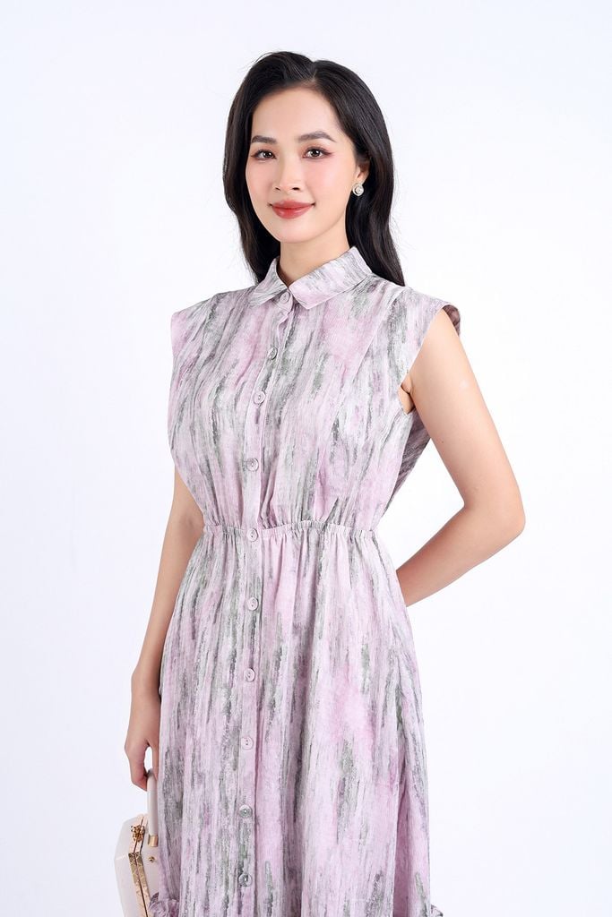 FDC34147 - Đầm công sở vải lụa xốp hai lớp lót habutai dáng suông cổ đức tay chờm eo bo chun gấu váy xếp tầng tạo kiểu cài khuy thân trước - PANTIO