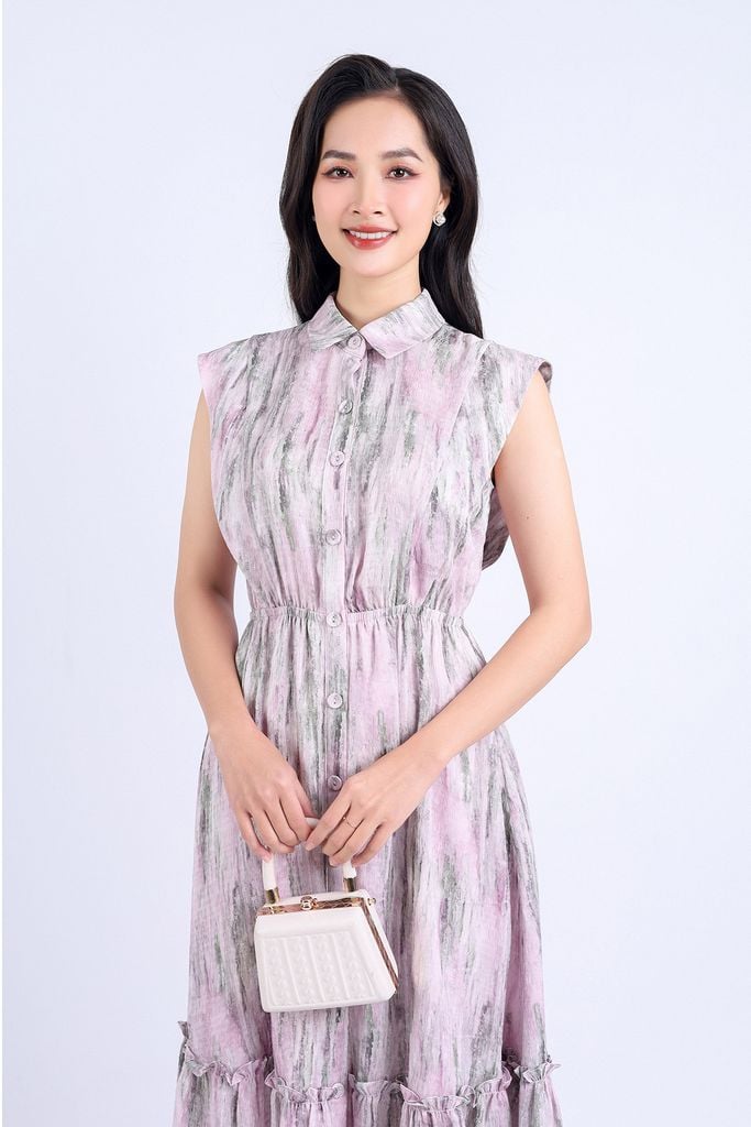FDC34147 - Đầm công sở vải lụa xốp hai lớp lót habutai dáng suông cổ đức tay chờm eo bo chun gấu váy xếp tầng tạo kiểu cài khuy thân trước - PANTIO