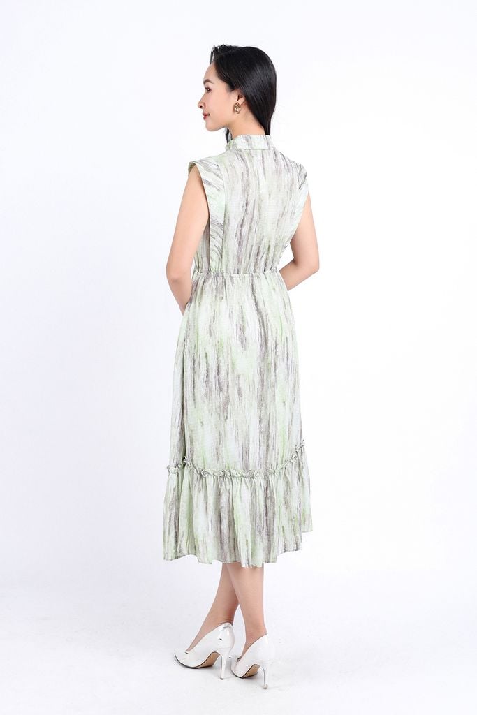 FDC34147 - Đầm công sở vải lụa xốp hai lớp lót habutai dáng suông cổ đức tay chờm eo bo chun gấu váy xếp tầng tạo kiểu cài khuy thân trước - PANTIO
