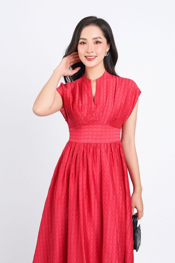 FDC34149 - Đầm công sở vải thô kẻ ô mỏng hai lớp lót habutai dáng xoè cổ V sâu vai chờm eo nhún phối cạp bản to tạo kiểu khoá thân sau - PANTIO
