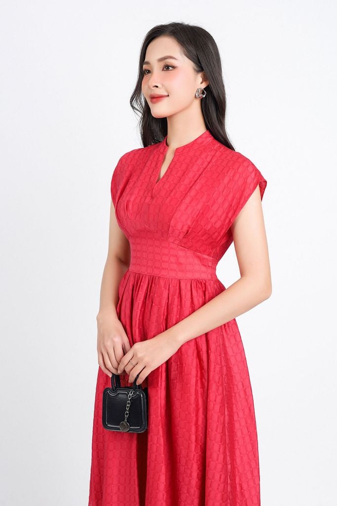 FDC34149 - Đầm công sở vải thô kẻ ô mỏng hai lớp lót habutai dáng xoè cổ V sâu vai chờm eo nhún phối cạp bản to tạo kiểu khoá thân sau - PANTIO