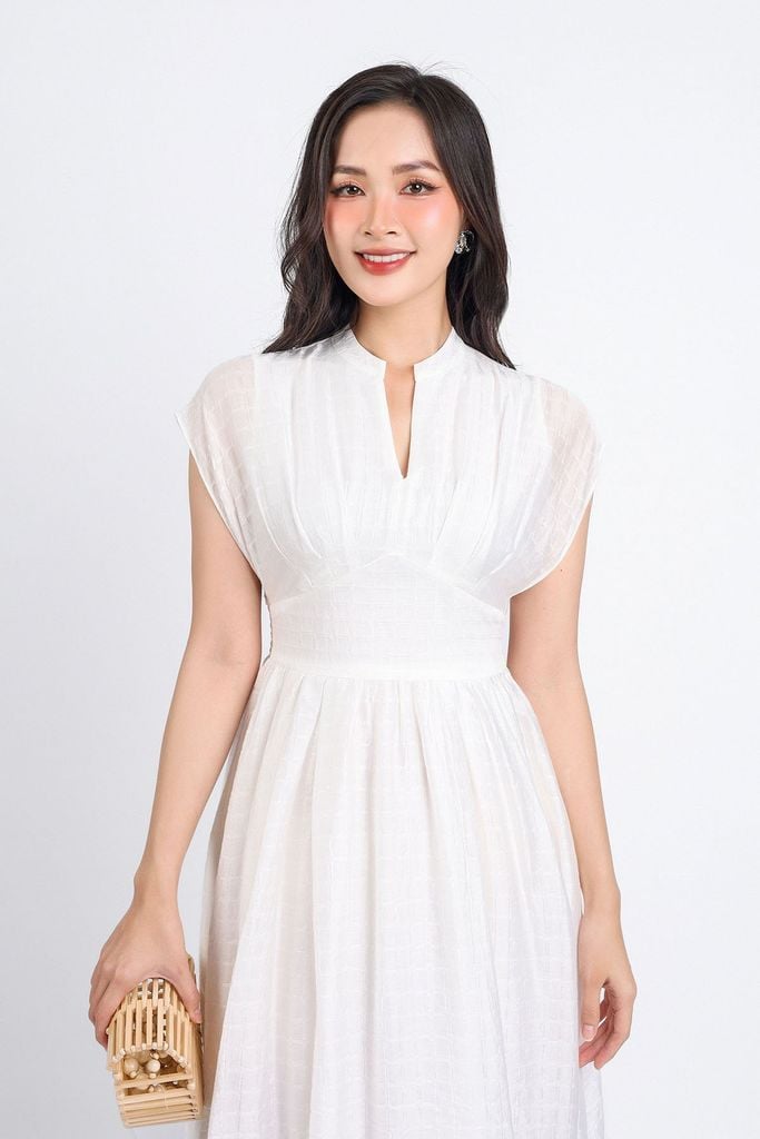 FDC34149 - Đầm công sở vải thô kẻ ô mỏng hai lớp lót habutai dáng xoè cổ V sâu vai chờm eo nhún phối cạp bản to tạo kiểu khoá thân sau - PANTIO