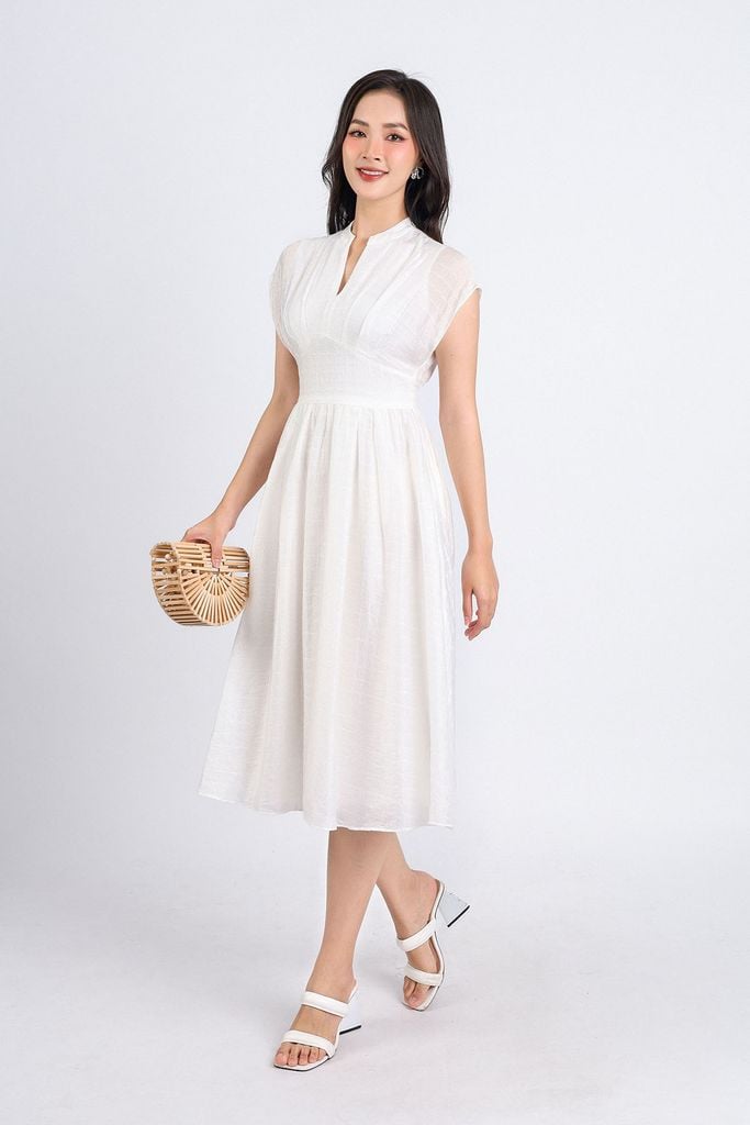 FDC34149 - Đầm công sở vải thô kẻ ô mỏng hai lớp lót habutai dáng xoè cổ V sâu vai chờm eo nhún phối cạp bản to tạo kiểu khoá thân sau - PANTIO