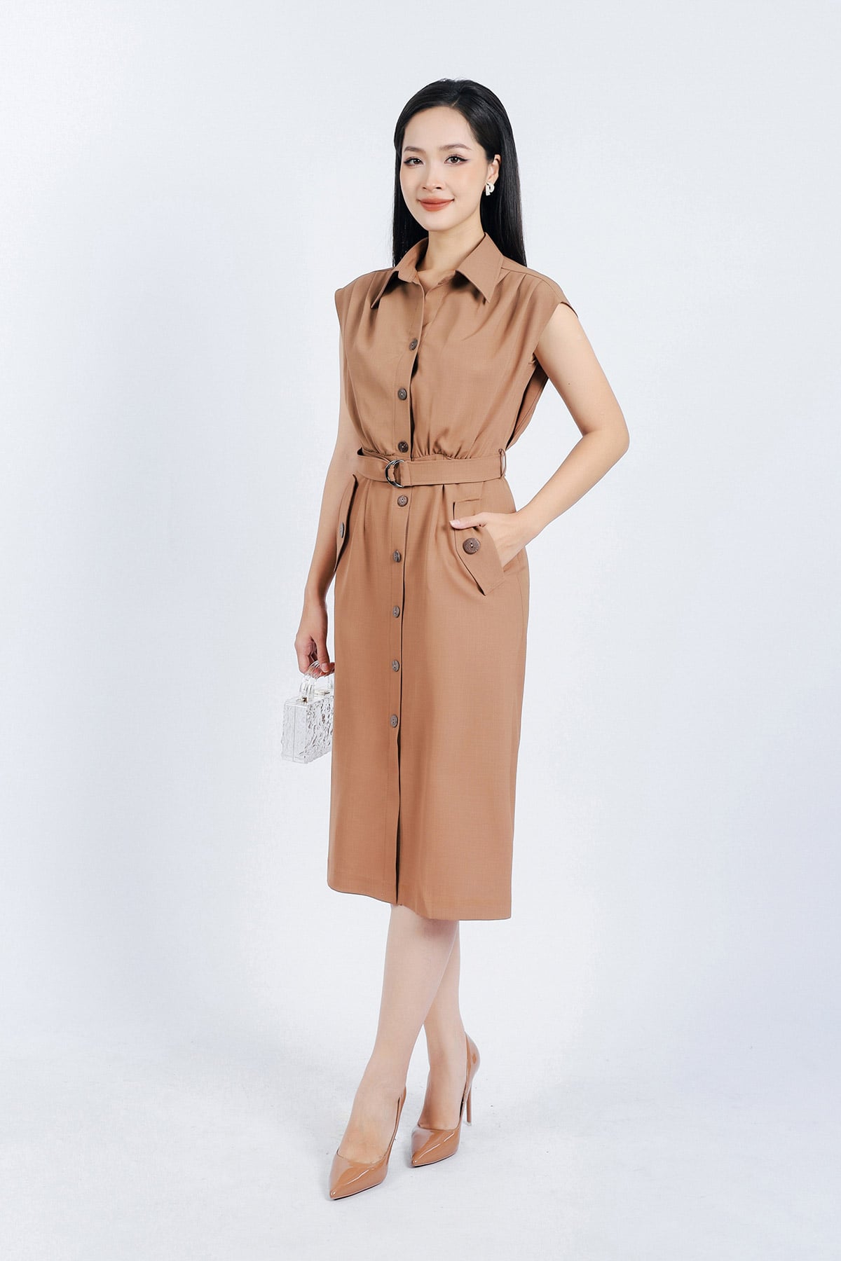 FDC34151 - Đầm công sở vải tuytsi mỏng dáng suông cổ đức vai chờm eo phối dây đai tạo kiểu cài khuy thân trước - PANTIO