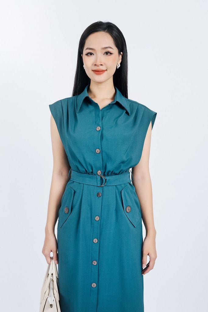 FDC34151 - Đầm công sở vải tuyp xy mỏng dáng suông cổ đức vai chờm eo phối dây đai tạo kiểu cài khuy thân trước - PANTIO